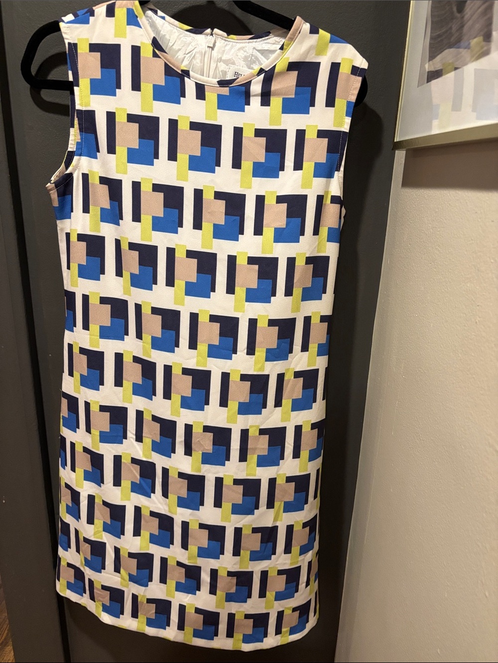 Helene Berman Geometric Shift Dress in Blue, Navy, Lime, Beige